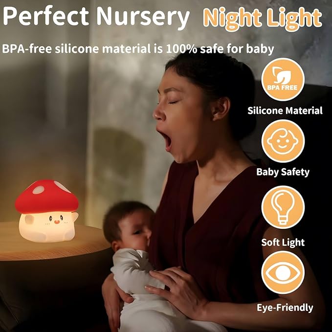 Mushroom Night Light Squishy Lamp, 50Hrs Battery Kids Nightlight, Tap Control, 30Min Auto-Off, Rechargeable Kawaii Bedside Lamp for Girls Room Decor, [Mothers Day Gifts]