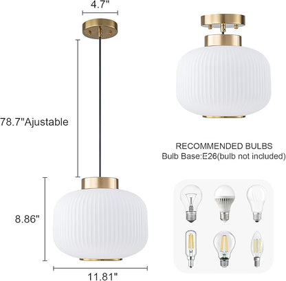 EDSILIVE White Glass Pendant Lights Kitchen Island 11.81" Antique Lantern White Glass Hanging Ceiling Light Fixture with Adjustable Wire for Dining Room Kitchen Table, Gold White
