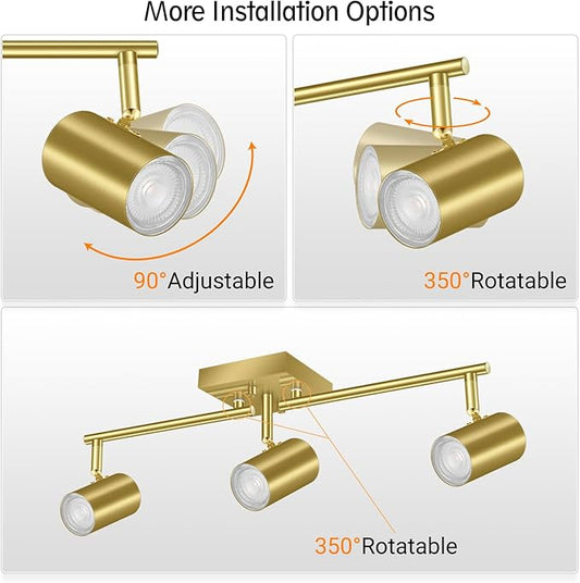 AUQUEE 3 Light Track Lighting Fixtures Ceiling, Gold Kichen Track Lighting, Rotatable Light Heads, Adjustable Modern LED Track Lights for Kitchen/Living Room/Hallway/Bar,GU10 Bulb Not Included
