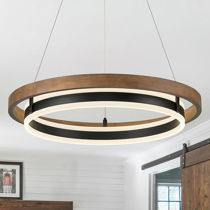 LED Ring Chandelier 24in Solid Walnut Wood Chandeliers Dimmable Black Chandeliers Modern Round Chandelier Light for Living Room Dining Room Kitchen Island Bedroom Entry