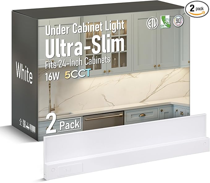 TORCHSTAR Ultra-Slim LED Under Cabinet Lighting Fits 24 Inch Cabinets, 5CCT 16W 1200LM, Hardwired & Plug-in, 120V CRI90 Linkable Dimmable Thin Under Counter Lights for Kitchen, ETL T24, Pack of 2