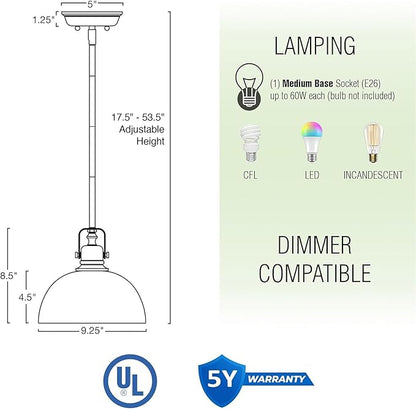 Kira Home Belle 9" Modern Industrial Pendant Light with Dome Shade, Petit Retro Metal Hanging Light, Chrome Finish