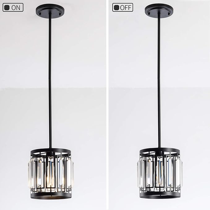 Modern One- Light 1XE26 Pendant Light Ceiling Hanging Light Fixture with K9 Crystals for Kitchen Restaurant Cafe Dining Room Island Light Black