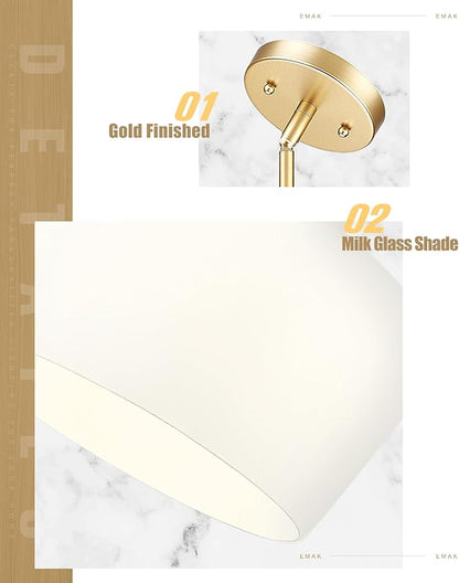 Emak Gold Pendant Lights Kitchen Island, 10 Inch Large Pendant Light with Milk Glass Shade, Modern Hanging Light Fixture for Kitchen, Dining Room, PL126-GD-ML