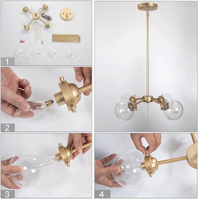 KSANA Gold Globe Chandelier with On/Off Switch Pull Chain, 4-Light Modern Gold Semi Flush Mount Ceiling Light with Clear Globe Glass Shades for Dining Room & Kitchen, Soft Gold, 19.5’’ Dia