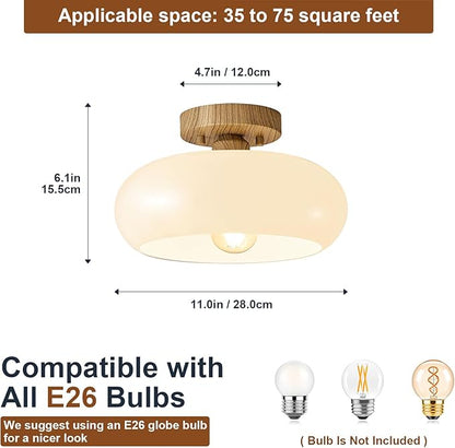 WOKNOS Mid-Century Modern Semi Flush Mount Ceiling Light, Faux Wood Kitchen Ceiling Light Fixture with Glass Shade, Mini White Close to Ceiling Lamp for Entryway Hallway Bathroom (11.0 Inch)