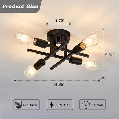 ZGLAOJT 4-Light Semi Flush Mount Ceiling Light Fixture 2 Pack Ceiling Light Matte Black with E26 Base Modern Light for Porch Bedroom Hallway Kitchen Farmhouse