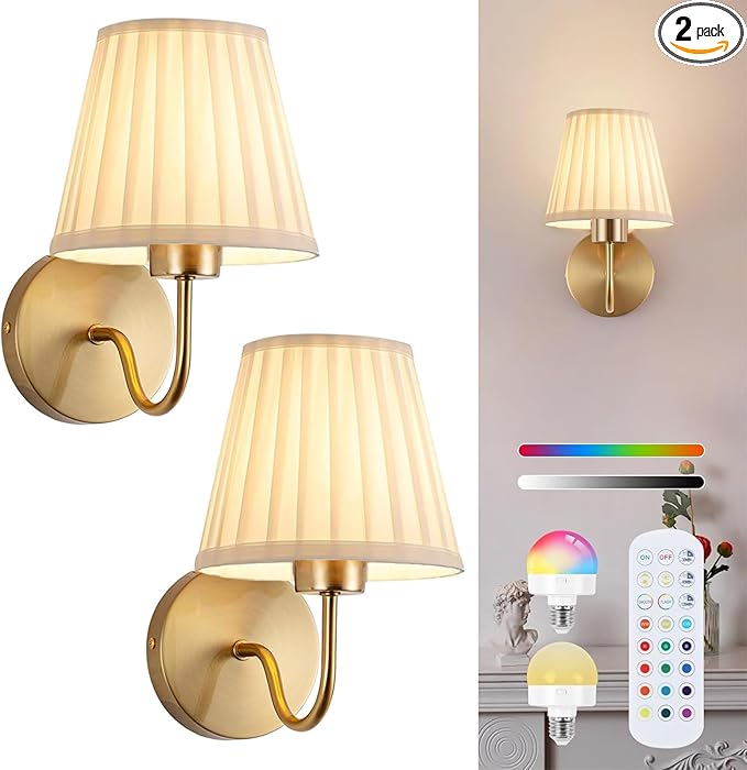 Vintage Battery Operated Wall Sconces Set of 2, Pleated Fabric Shade Gold Wall Lamp with Remote Control, Cordless Rechargeable Wall Sconces Fixtures for Bedroom, Living Room, Beside (2 Bulbs Included)