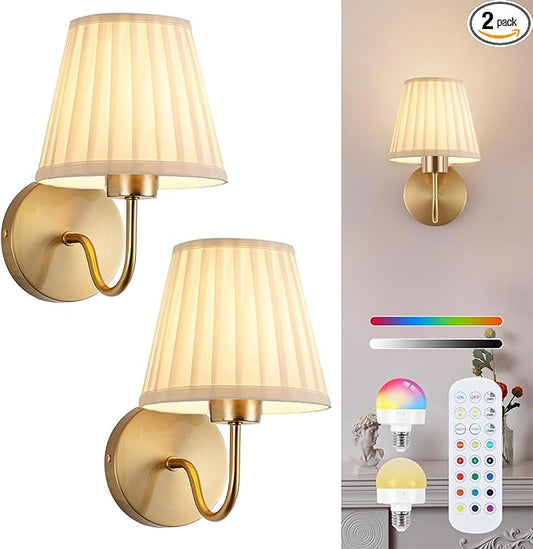 Vintage Battery Operated Wall Sconces Set of 2, Pleated Fabric Shade Gold Wall Lamp with Remote Control, Cordless Rechargeable Wall Sconces Fixtures for Bedroom, Living Room, Beside (2 Bulbs Included)