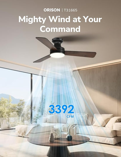 Orison Ceiling Fans with Lights 42 Inch, Low Profile Flush Mount Ceiling Fan, RGB Backlight & Dimmable Lighting, Remote & App Control, 6 Speeds, 3 Reversible Blades, Black/Wood