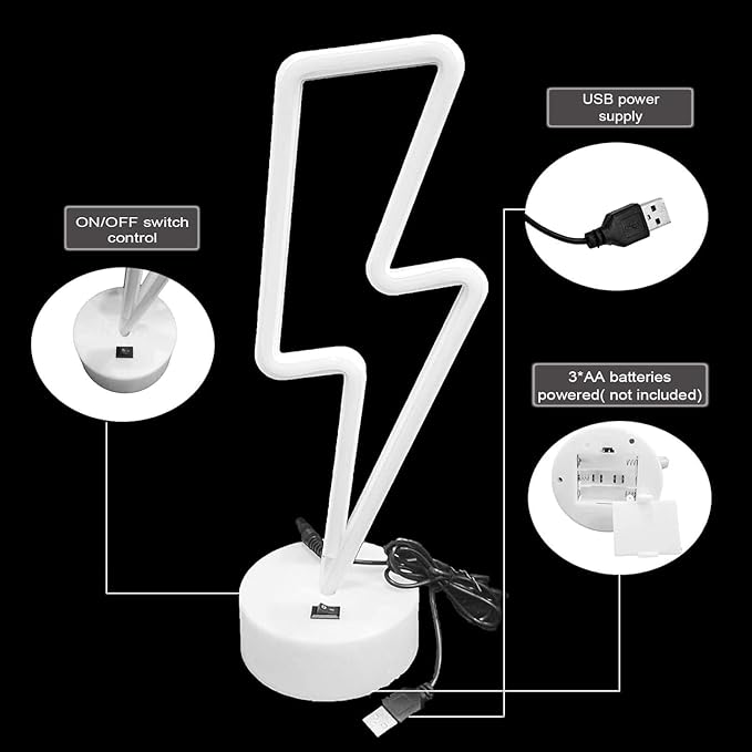 Lightning Bolt Neon Sign Purple With Base for Bedroom, USB/Battery Thunder Lamp Night Light, LED Shaped Decor for Desk Table Game Room Man Cave