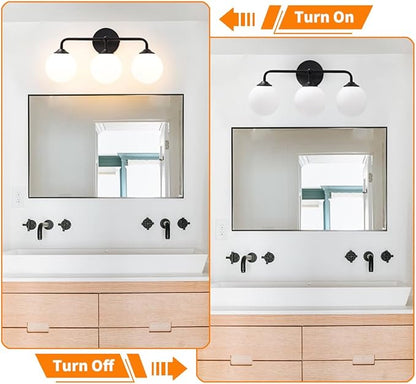 Black Bathroom 3-Lights Vanity Light Fixtures, Minimalist Vanity Lights with Milky White Glass Shade, Modern Wall Sconces over Mirror, Wall Lamp for Bathroom Dressing Table Bedroom Living Room