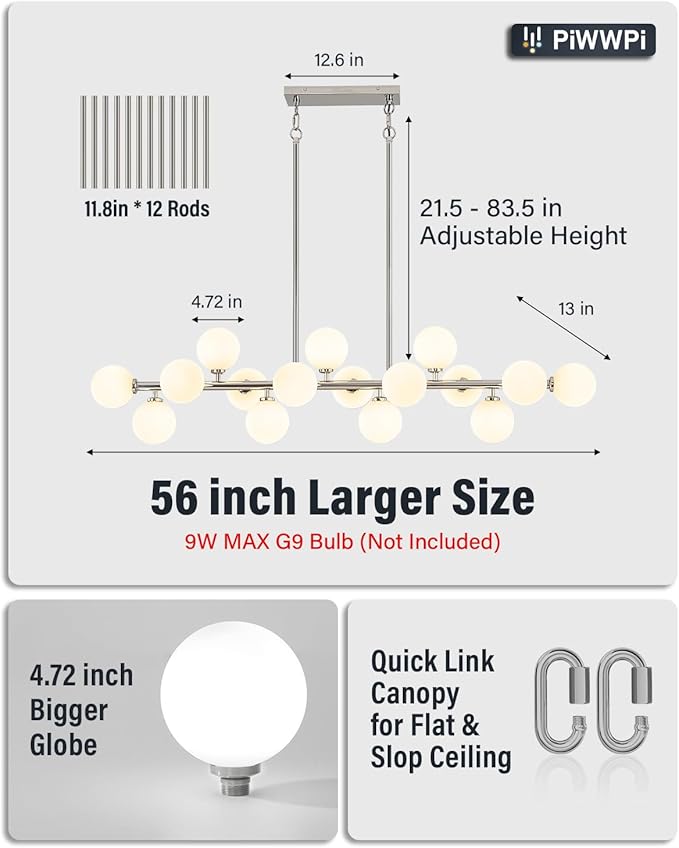 55" Long Chandeliers for Dining Room Kitchen Island, Large Globe Sputnik Linear Chandelier, 16 Lights Mid Century Modern Light Fixture Over Table, Chrome and Milk White Bubble, GC-08