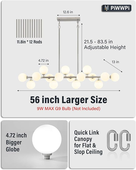 55" Long Chandeliers for Dining Room Kitchen Island, Large Globe Sputnik Linear Chandelier, 16 Lights Mid Century Modern Light Fixture Over Table, Chrome and Milk White Bubble, GC-08