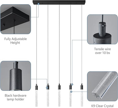 Kitchen Island Lighting Modern Light Fixture Black Pendant Light Dimmable LED Black Finish Mini Crystal Pendant Lights for Dining Room Living Room（5-Light）