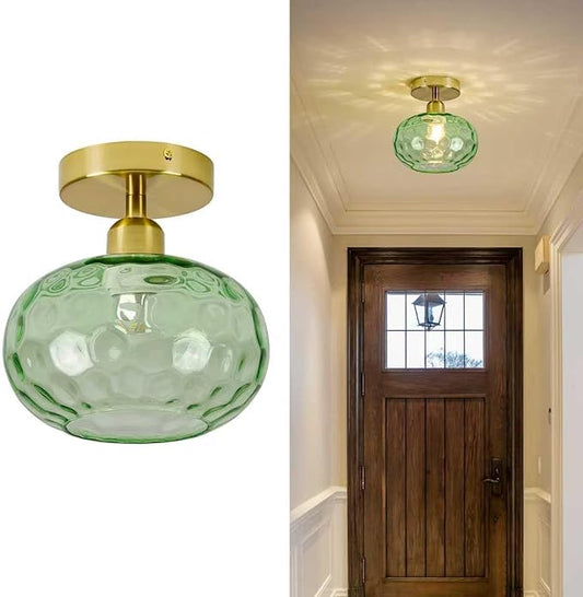 Luafac Green Glass Semi Flush Mount Ceiling Light - 7.9 Inch Hammered Art Deco Glass Small Hallway Light fixtures, Vintage Gold Flush Mount Ceiling Light for entryway Foyer Laundry Room Kitchen