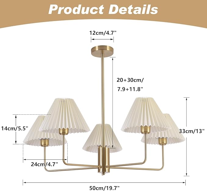 KCO Lighting 5-Lights White Pleated Fabric Pendant Light Mid Century Modern Brushed Gold Sputnik Chandelier Traditional Dining Living Room Chandelier Above Dining Table