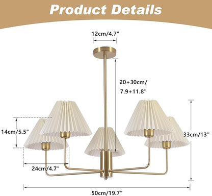 KCO Lighting 5-Lights White Pleated Fabric Pendant Light Mid Century Modern Brushed Gold Sputnik Chandelier Traditional Dining Living Room Chandelier Above Dining Table