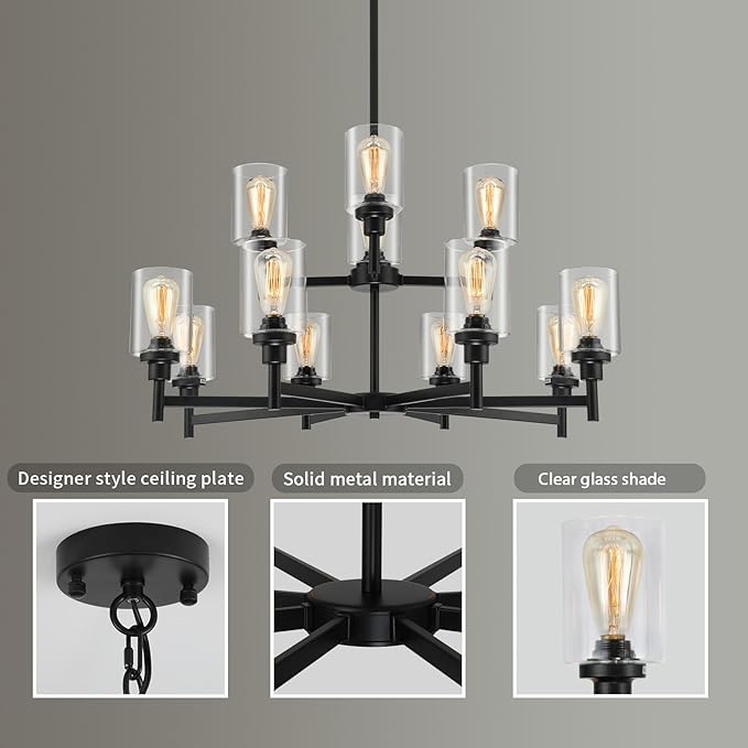 LIGHTDAMY Black Chandelier for Living Room Light Fixture, Large Farmhouse Chandeliers with Clear Glass Shade, Industrial 2-Tier 12 Lights Hanging Lighting for Dining Room Restaurant Villa