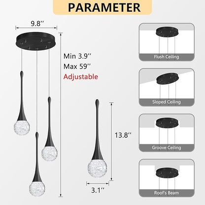 cenzoz 3-Lights Modern Pendant Lights for Kitchen Island LED Dimmable Crystal Glam Ceiling Pendant Lighting Chandelier for Dining Room Hallway Bedroom Corner Lamp Black