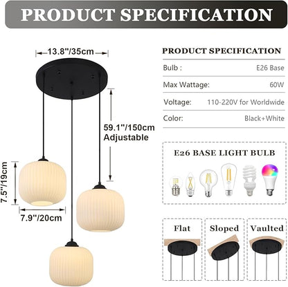 3 Cluster Pendant Light Fixture Ribbed Milk Glass Pendant Light Modern Globe Cluster Chandelier Contemporary Kitchen Pendant Lights Black Farmhouse Chandeliers for Dining Room