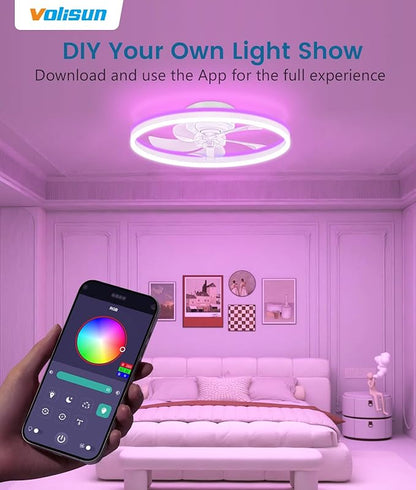 VOLISUN RGB Ceiling Fans with Lights and Remote, 20in Low Profile Ceiling Fans with Lights Flush Mount, 3000K-6500K Dimmable Fandelier LED Fan Light, White Bladeless Ceiling Fans for Bedroom