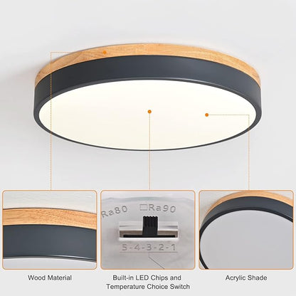 Yiisem Dimmable Wood LED Flush Mount Ceiling Light, 5CCT 2700K-6000K Selectable Modern Round Close to Ceiling Lighting Fixtures, Minimalist Grey Ceiling Lamp for Living Room, Bedroom, Laundry Room