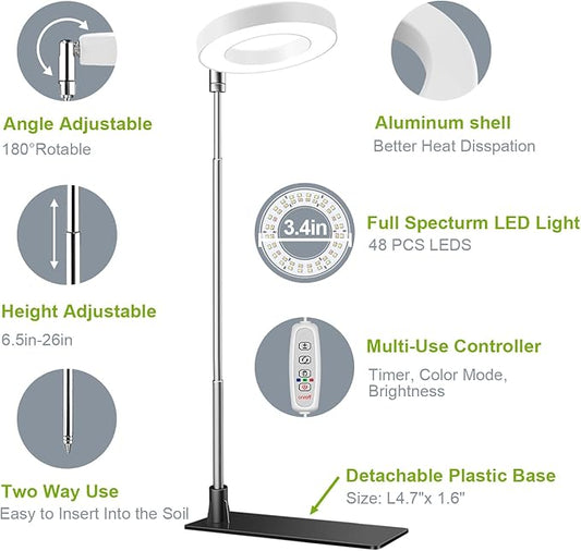 Kullsinss Grow Lights for Indoor Plants, Full Spectrum Halo Growing lamp with Detachable Base, Height Adjustable, 3 Colors, 10 Dimming, Automatic Timer, Plant Light for Succulents Small Plants