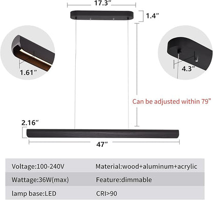 YISDESIGN 47inch Wood LED Linear Pendant Light, Dimmable Wood Ceiling Lamp,Minimalist Linear Chandelier, 36W Warm Light 3000K, Modern Kitchen Island Dining Room Lighting Black Adjustable Height