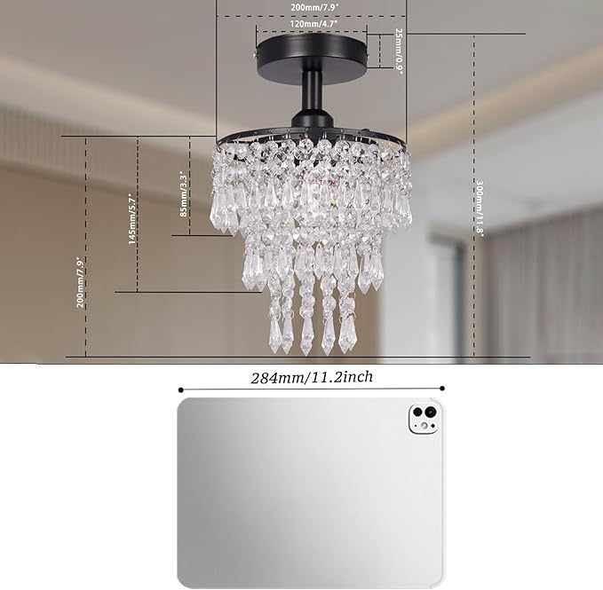 FRIXCHUR Small Crystal Chandelier Flush Mount Ceiling Light 3 Tiers Raindrops Crystal Chandeliers for Bedroom Hallway Foyer Living Room Entryway Closet, Black
