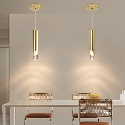 2 Pack Modern Gold Pendant Light Fixture, Acrylic Bubble Cylinder Hanging Lights, 3 Color Temperatures, Minimalist Ceiling Chandelier Lighting for Dining Room, Bedroom, Hallway, Bar, Kitchen Island
