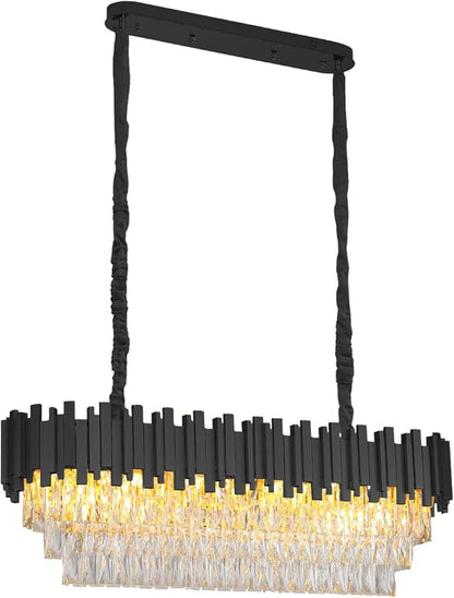 40" Black Rectangular Crystal Chandelier for Dining Room, 10-Light Luxury Crystal Raindrop Chandeliers, Adjustable Height Chandelier for Staircase, Living Room, Foyer