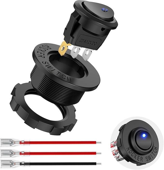 Nilight 1PC Round Rocker Switch with Shell 12V 24V 20A Blue LED Toggle swtich with 16AWG Wires SPST 3Pin 2 Position for Car Truck Vehicle Boat Marine Rocker On Off Control