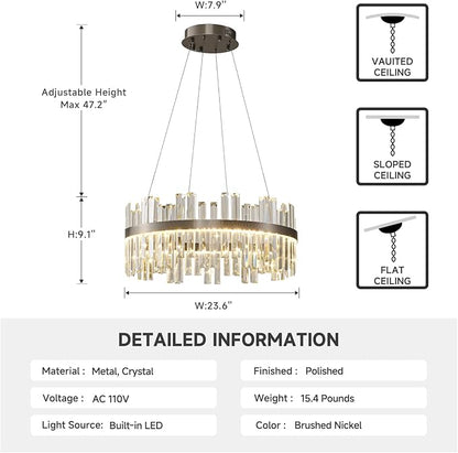 Nickel Led Modern Crystal Chandelier: 23.6" Round K9 Luxury Smoke Grey & Clear Crystal 3 Color Dimmable Contemporary Chandeliers for Dining Room Light over Table - Adjustable Height Light with Remote