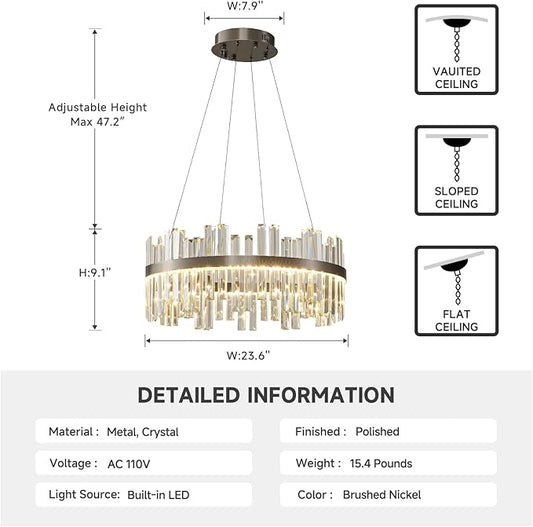 Nickel Led Modern Crystal Chandelier: 23.6" Round K9 Luxury Smoke Grey & Clear Crystal 3 Color Dimmable Contemporary Chandeliers for Dining Room Light over Table - Adjustable Height Light with Remote