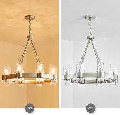 WUZUPS Wagon Wheel Chandelier 8-Light with Clear Glass Industrial Modern Farmhouse Round Light Fixture for Dining Room Kithen Island Foyer, Width 26" Height 22", Nickel