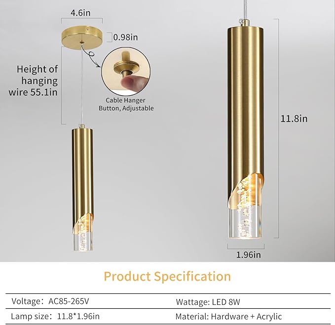 2 Pack Modern Gold Pendant Light Fixture, Acrylic Bubble Cylinder Hanging Lights, 3 Color Temperatures, Minimalist Ceiling Chandelier Lighting for Dining Room, Bedroom, Hallway, Bar, Kitchen Island