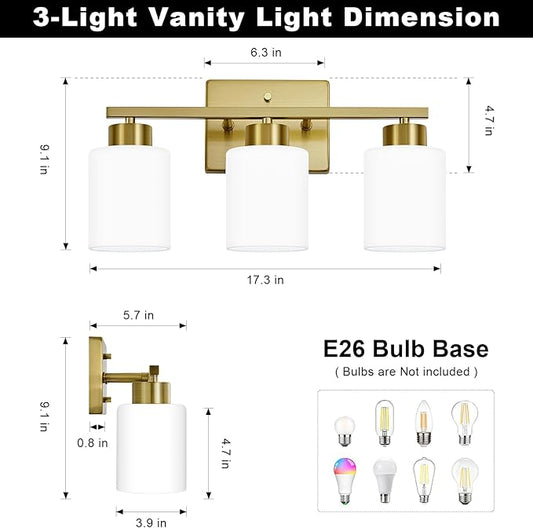 FonmYim Brushed Gold Bathroom Light Fixtures, 3-Light Modern Vanity Light Over Mirror, Wall Sconces with Milky White Frosted Glass Shades, E26 Socket (Bulbs Not Included)