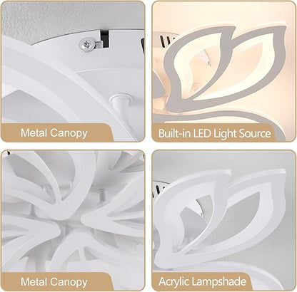 Modern LED Ceiling Light Fixture Dimmable, 28" White Modern Flower Ceiling Light with Remote Control, Low Profile Flush Mount for Bedroom, Kitchen, Living Room