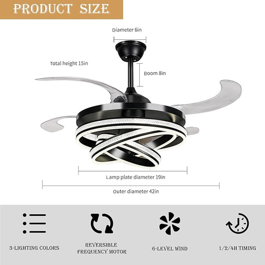 DatingDay 42" Invisible Ceiling Fan Chandelier Light,Modern Crystal DIY Ceiling Fan Light Remote Control 4 Retractable ABS Blades for Bedroom Living Dining Room Decoration (42", Black)