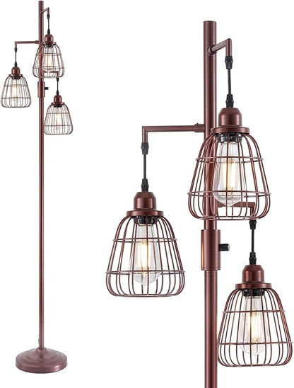 9MMML Dimmable Floor Lamp,Industrial Farmhouse Tall Standing Floor Lamp for Living Room, Bedroom Office,3 Teardrop Cage Lampshade,3 LED Bulbs Inculded. 68'' Tall