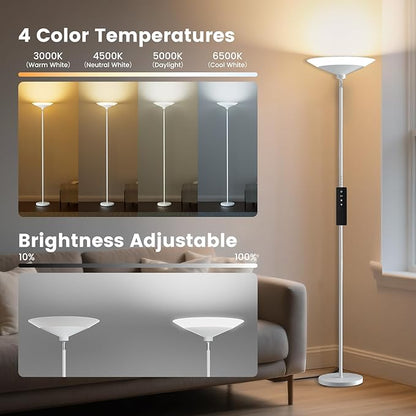 SIBRILLE White Torchiere Floor Lamp - 30W Dimmable LED Standing Lamp with Remote/Button Control, 1800Lm, 3000-6500K, 72in Bright Standing Pole Light for Living Room Bedroom Office Corner