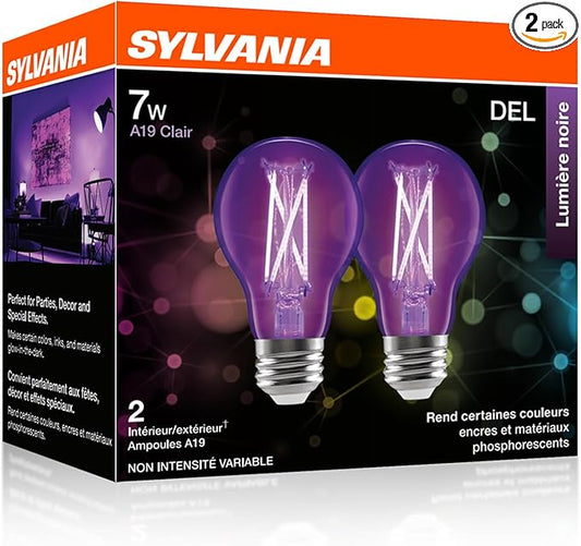 Sylvania Black Light LED Light Bulb, 7W, A19, Medium Base, Clear - 2 Pack (45052)