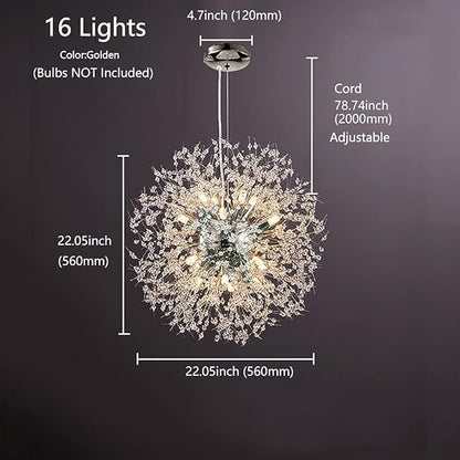 Modern Crystal Chandeliers 16-Light Chrome Dandelion Light Fixture,Firework Chandelier,Personalized Ceiling Hanging Lighting for Living Room,Dining Room,Kitchen,Bedroom Chandelier