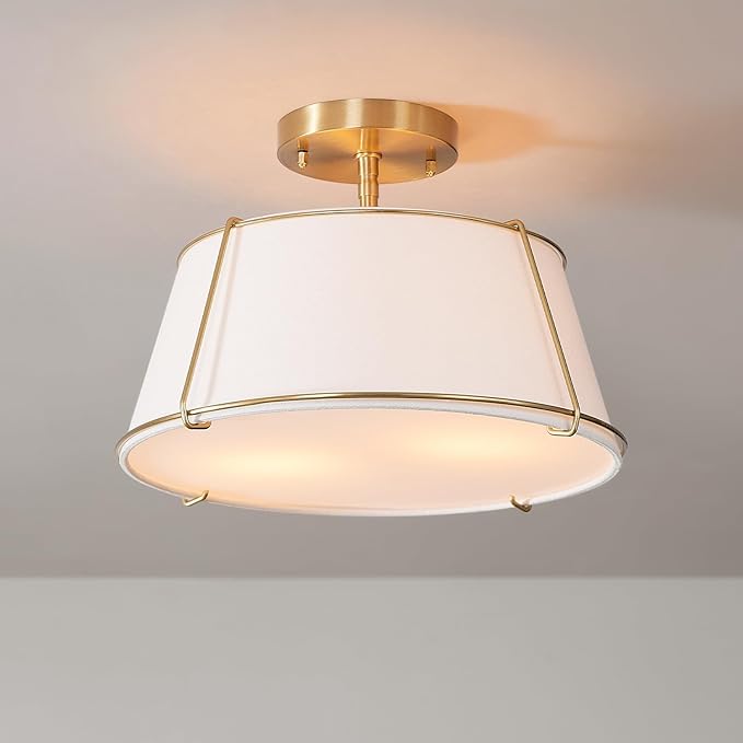 Globe Electric 2-Light Flush Mount Ceiling Light, Matte Brass, Off-White Fabric Shade with Acrylic Diffuser, Updated Traditional Style