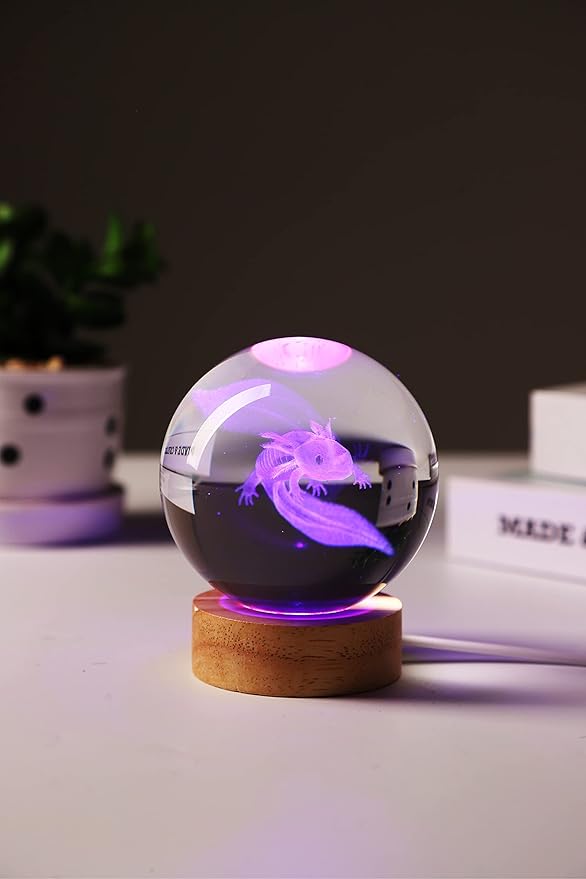 Axolotl Lamp,3.15 inch Axolotl Crystal Ball Lamp,Upgraded 3D K9 Axolotl Crystal Ball Night Light with Wooden Base,16 Colors Change with Remote Control, Axolotl Glass Ball Lamp,Axolotl Gift (E)