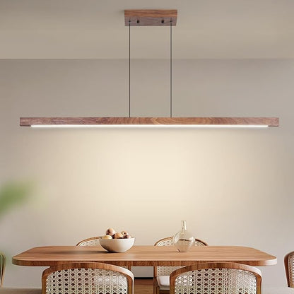 Modern Wooden Pendant Light, 47IN Walnut Wooden Chandelier with Remote Control 3000k-6500K Adjustable Color Temperature，Aluminum Island Lighting Lamp for Dining Room, Living Room