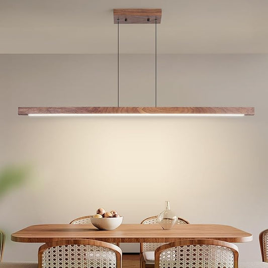 Modern Wooden Pendant Light, 47IN Walnut Wooden Chandelier with Remote Control 3000k-6500K Adjustable Color Temperature，Aluminum Island Lighting Lamp for Dining Room, Living Room