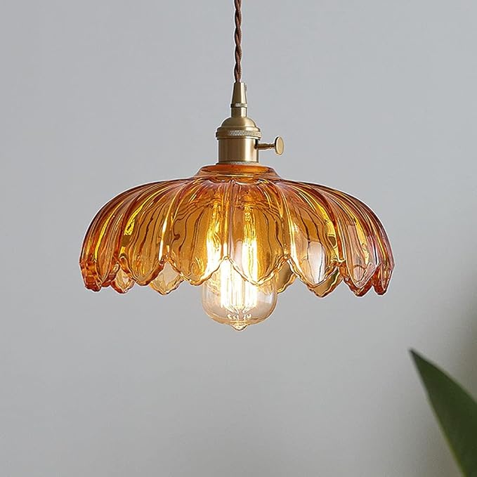 LITFAD Scalloped Glass Flower Ceiling Hanging Light Industrial Single Dining Room Hanging Pendant Light Retro Pendant Lamp for Restaurant Hallway Bar Dining Room - 110V-120V Tan