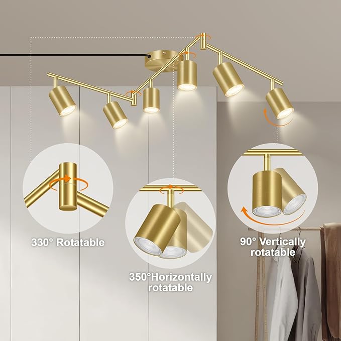 Plug in Track Lighting, LED Track Lighting Fixtures Ceiling, Gold 6-Light Kitchen Light Kit, Plug in Wall Light with 14.8ft Power Cord, Rotatable Ceiling Spotlight for Bedroom(GU10 Socket, NO Bulb)